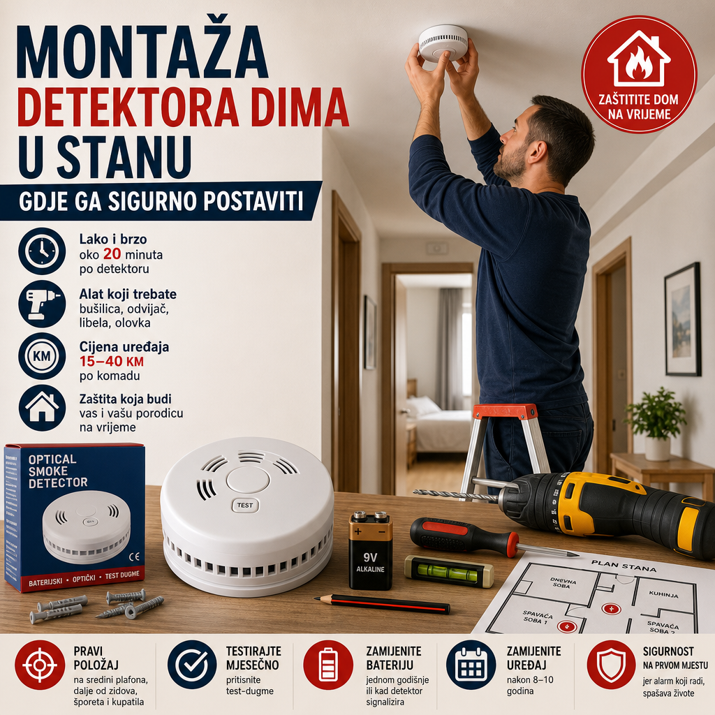 Montaža detektora dima u stanu, gdje ga sigurno postaviti