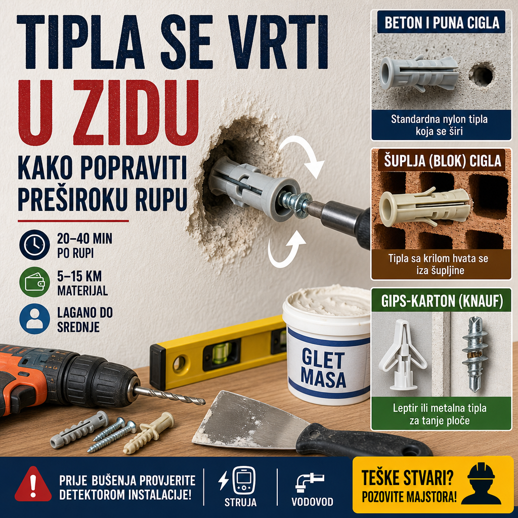 Tipla se vrti u zidu, kako popraviti preširoku rupu