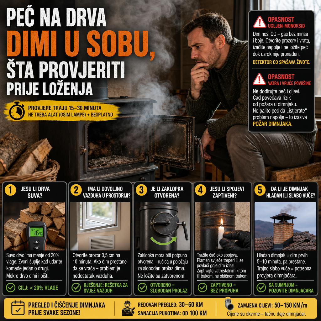 Peć na drva dimi u sobu, šta provjeriti prije loženja