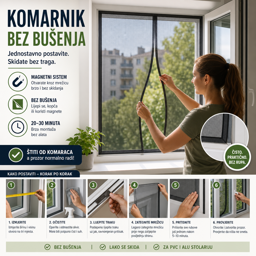 Komarnik bez bušenja: Kako ga postaviti na prozor