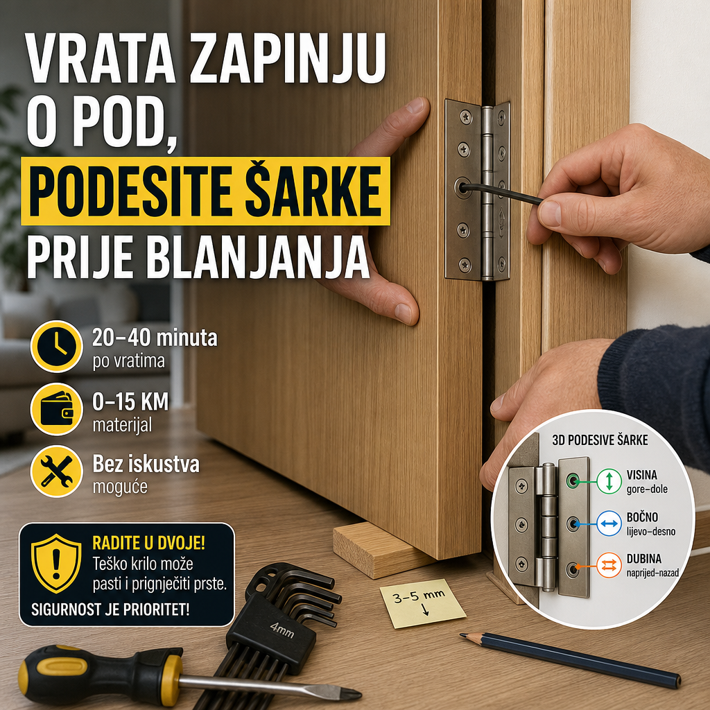 Vrata zapinju o pod, podesite šarke prije blanjanja